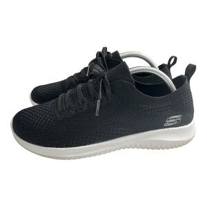 Skechers Black Stretch Knit Sneakers Memory Foam Slip On Faux Lace Up Size 11